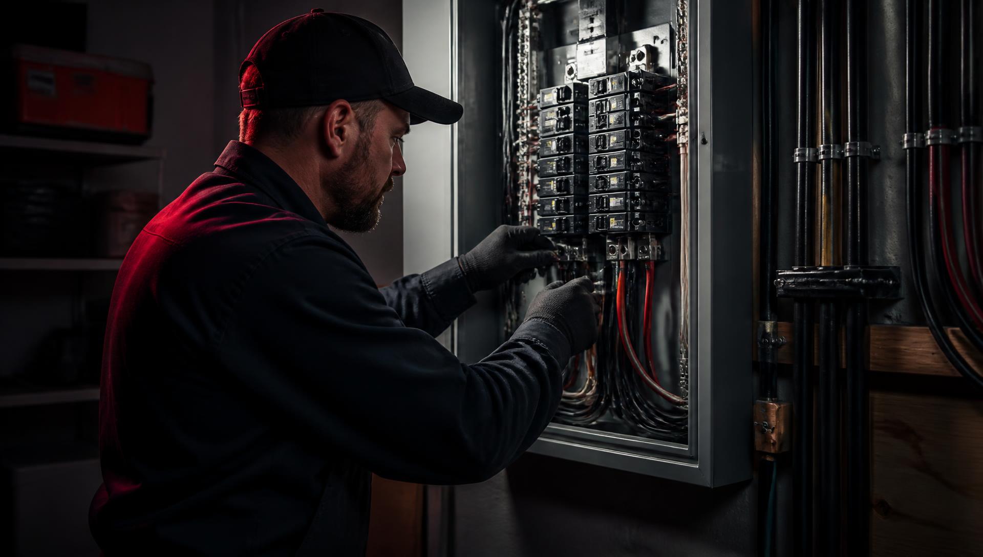 Professional electrician working on a residential electrical panel in Massachusetts